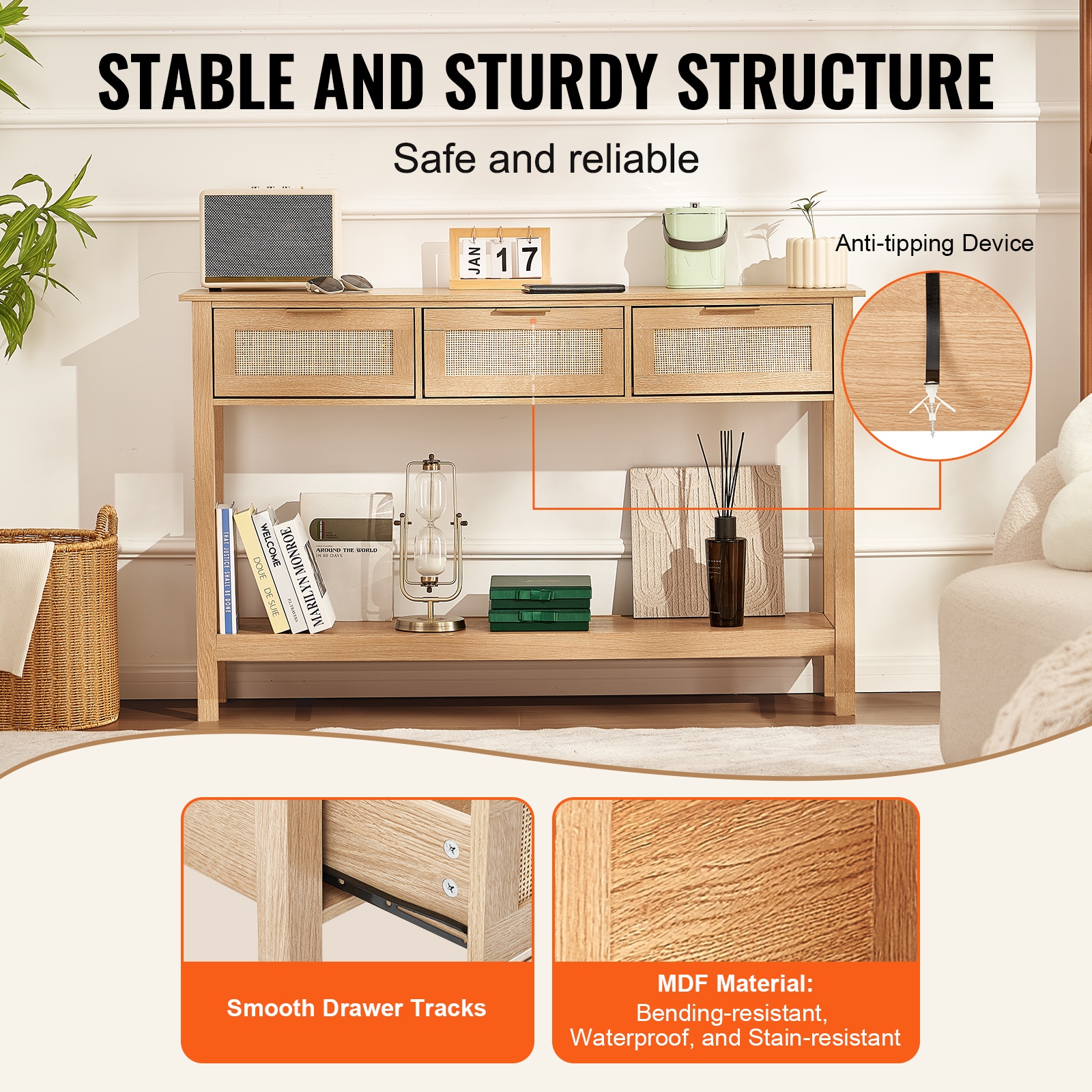 Rattan Console Table With 3 Drawers For Living Room And Hallway_voghion.com